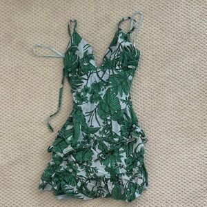 Aqua Palm Print V Neck Dress